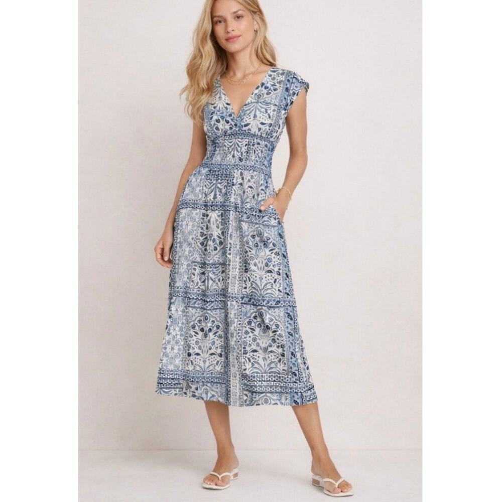 Old Navy Blue Paisley Waist Define Smocked Midi Dress L Coastal Resort Cottage